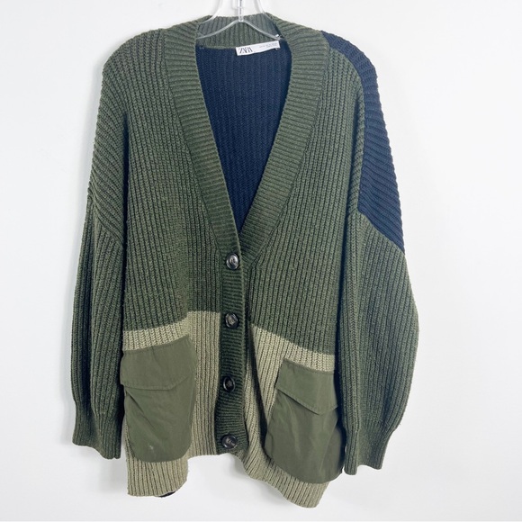 Zara Oversized Contrast Pocket Cardigan Sweater Size Medium Olive Green Multi - Picture 5 of 10